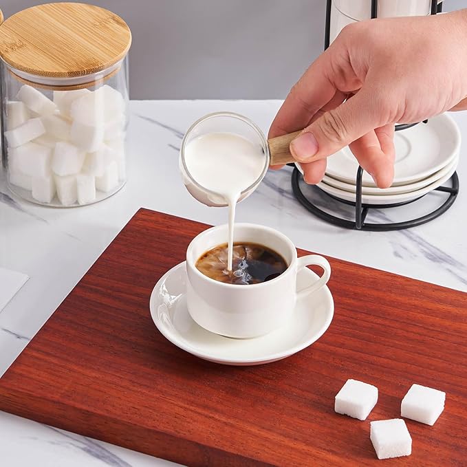 YOLIFE 2.5oz Porcelain Stackable Espresso Cups with Saucers and Metal Stand Set of 4, Stackable Cappuccino Cups, White Expresso Shots Cup Set for Coffee Drinks, Latte, Tea