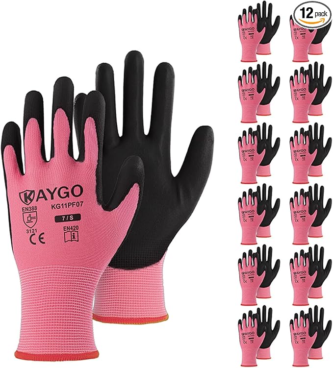 KAYGO Safety Work Gloves PU Coated, 12 Pairs KG11P Seamless Knit Glove with Polyurethane Coated Smooth Grip on Palm & Fingers, for Men and Women, Ideal for General Duty Work, Pink,Small