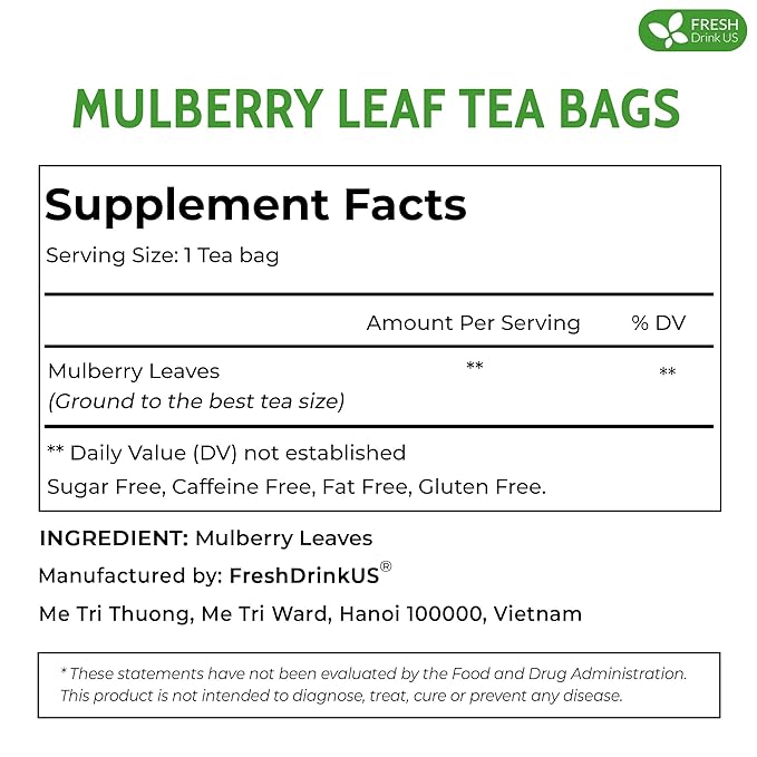 FreshDrinkUS, Premium 50 Mulberry Leaf Tea Bags, 100% Natural & Pure from Mulberry Leaves. Herbal Tea. Made with Natural Material Tea Bags. No Sugar, No Caffeine, No Gluten, Vegan.