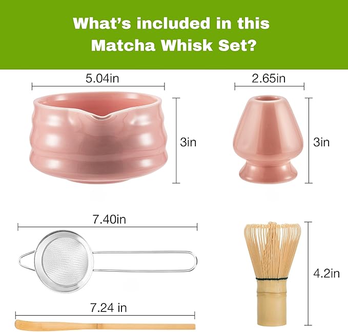 Marce Matcha Whisk Set- Matcha Set includes Matcha Whisk and Bowl with Spout, Sifter, Holder and Scoop- The Perfect Bamboo Whisk for Matcha Tea (Pink)