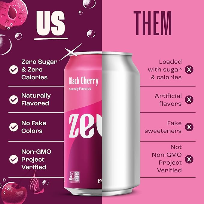 Zevia Zero Sugar Soda, Black Cherry, 12 oz Cans (24-Pack) – Naturally Sweetened, Non-GMO Project Verified, Gluten-Free, Vegan