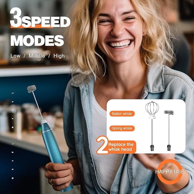 Milk Frother Rechargeable Handheld Electric Whisk Coffee Frother Mixer with 2 Stainless whisks 3 Speed Adjustable Foam Maker Blender for Coffee Matcha Latte Cappuccino Hot Chocolate（C-Blue）