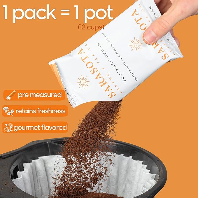 Sarasota Coffee Ground Packets | Gourmet Flavored Medium Roast Bulk Coffee Packs | Southern Texas Butter Pecan | Low Acid Mold Free Individual Pouches for 12 Cup Coffee Maker | 2 Ounce Bags, 36 Count