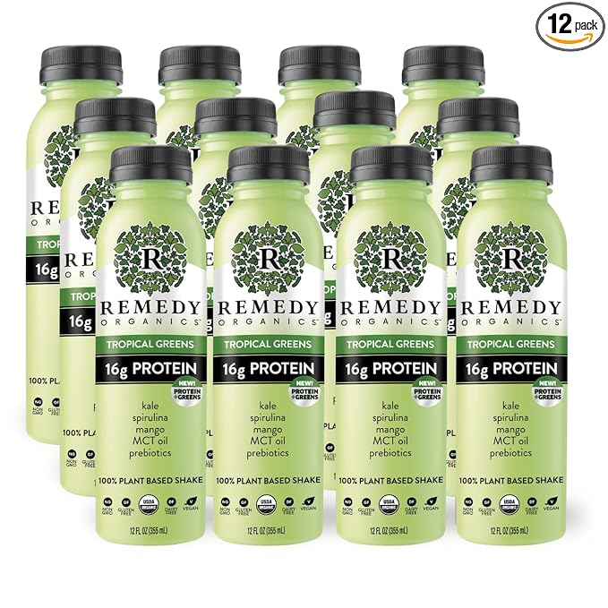 Remedy Organics Tropical Greens 12-Pack | Plant Based 16g Protein Shakes, Ready to Drink | USDA Organic, Gluten Free, Dairy Free, Soy Free