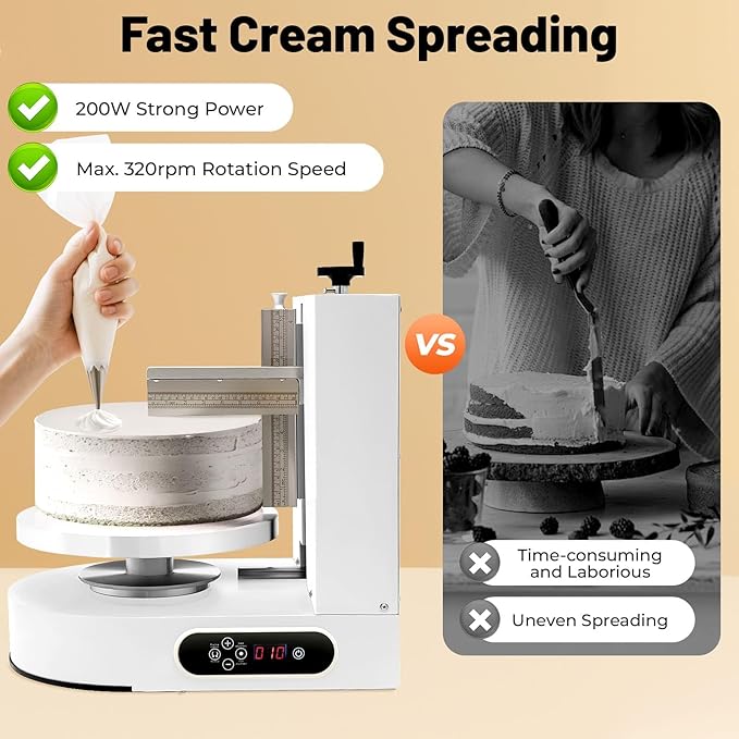 Birthday Cake Cream Smooth Coating Decoration Machine 110-220V, Cake Cream Spreading Machine Applicable 4-12in Cake, 60-320rpm Adjustable Cake Decorating Machine for Cake Shops, Dessert Shops (White)