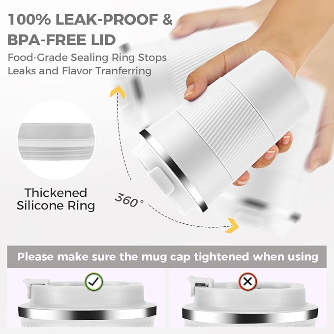 Volhoply 13 oz Stainless Steel Insulated Travel Coffee Mug with Fip Lid Bulk 4 Pack,Reusable Double Wall Vacuum Metal Coffee Cup,Portable Leak Proof Thermal Tumbler for Hot & Cold Drinks(White,4)