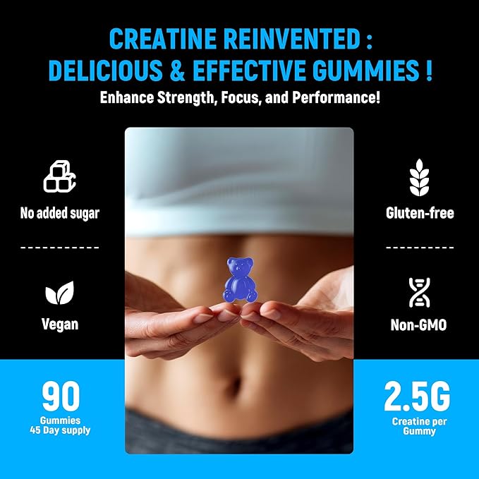 Creatine Monohydrate Gummies 5g for Men & Women - Boost Focus,Strength, and Endurance, Anti-Melting Formula, Vegan, Gluten-Free, Non-GMO, 2.5 Gram Creatine per Gummy (Blueberry 90 ct)
