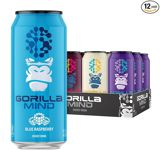 Gorilla Mind Energy Drink | Unmatched Energy · Amplified Focus | N-Acetyl-L-Tyrosine, Alpha-GPC, 200mg Caffeine, Uridine, Saffron | 0 Sugar Or Artificial Colors | 16oz | 12-Pack (Variety Pack #1)