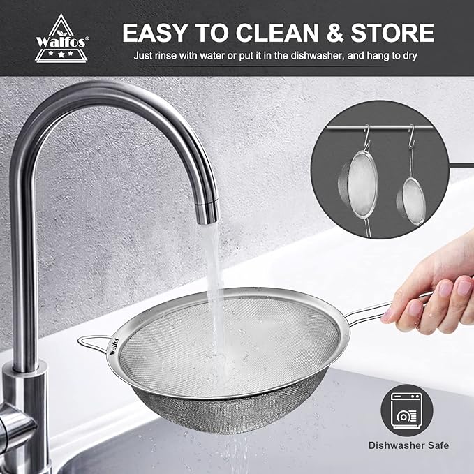 Walfos Large Fine Mesh Strainer 9.5" & 8", Stainless Steel Mesh Sieve with Sturdy Handle, Kitchen Metal Food Strainers for Quinoa, Rice, Pasta, Fruits, Vegetables, etc., Set of 2