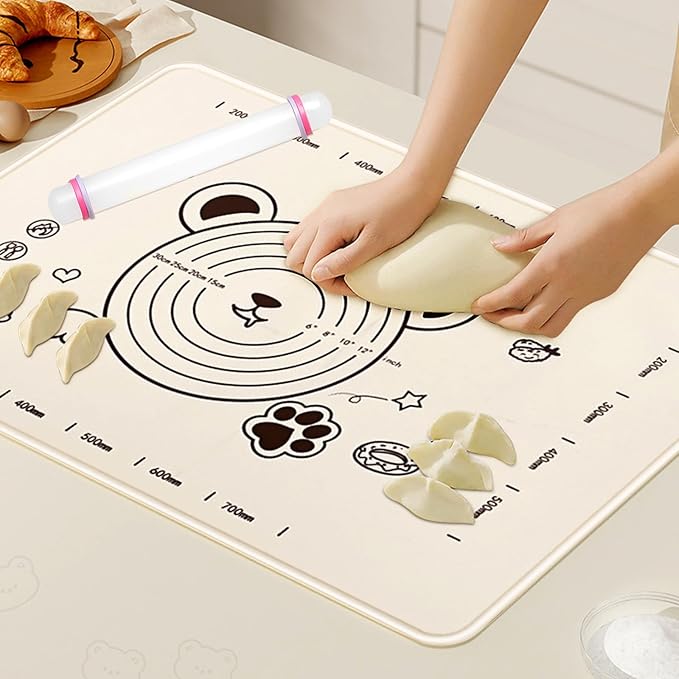Little Bear Pastry Mat Set:Silicone Pastry Mat with Cake Scraper Rolling Pin Pastry Brush for Baking (standard, count, 3)