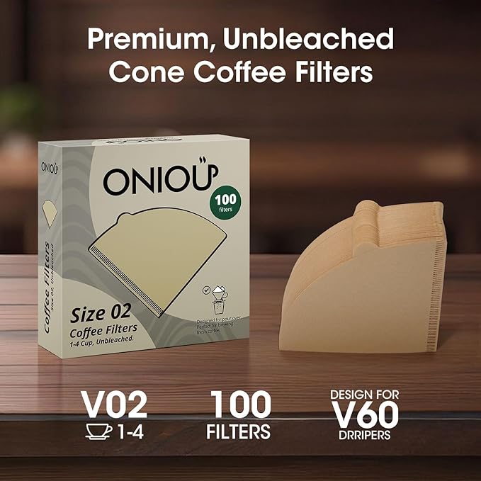 V60 Coffee Filters 02, ONIOU Unbleached Size 02 Cone Coffee Filters, 100 Count Natural Brown Pour Over Paper Filters for Hario V60 & Others 1–4 Cup Coffee Dripper