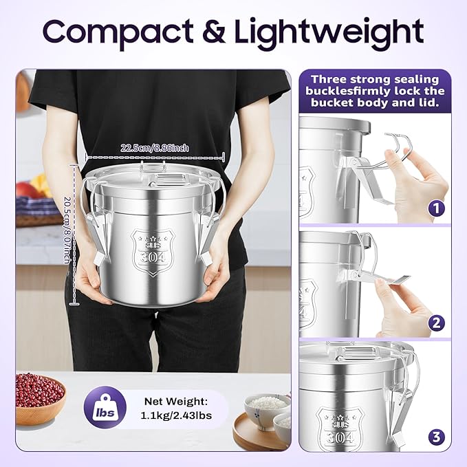 202 OZ Stainless Steel Canister Rice Cereal Grain Storage Containers with Lid Airtight Coffee Bean Storage Milk Flour Sugar Food Storage for Home Bar Restaurant (6L/202 OZ)
