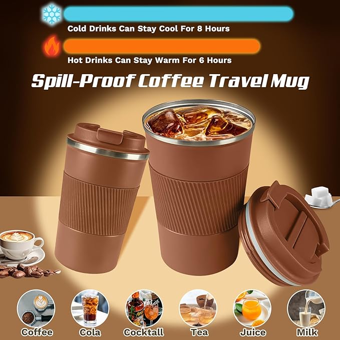 Vacuum-Insulated Stainless Steel Travel Coffee Mug, Leak-Proof Reusable Coffee Cup with Lid - Keep Hot & Cold Drinks for Hours, Durable Thermos Tumbler for Men & Women (3rd-Light Coffee, 12OZ)