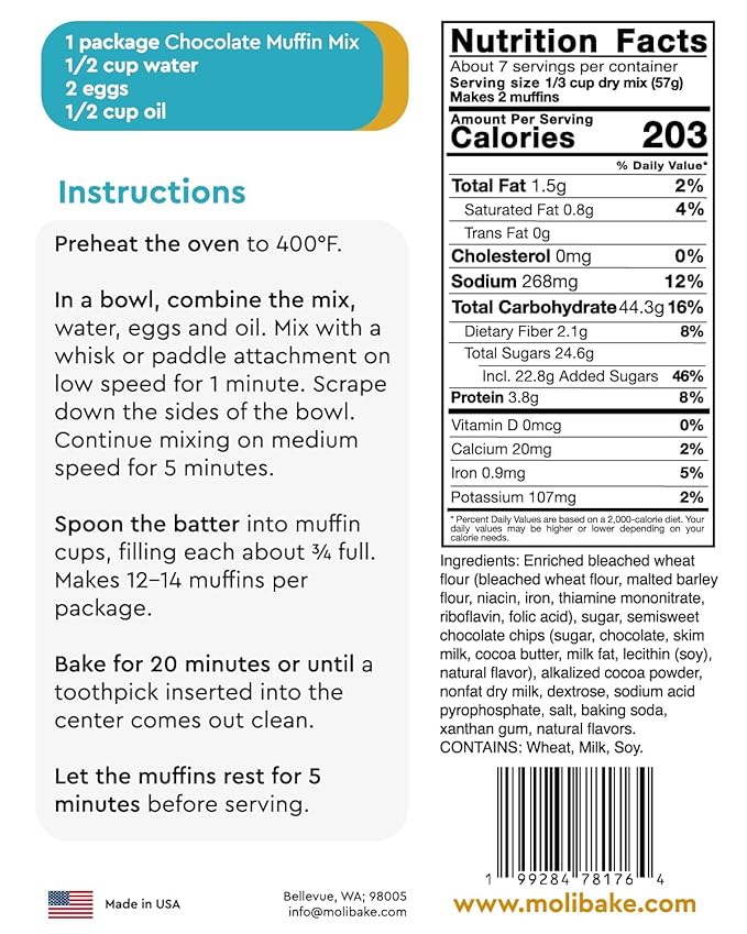 Molibake Chocolate Muffin Mix - Pack of 1 – Premium Chocolate Muffins Baking Mix with Cocoa Powder and Real Chips for Home Oven and Maker – 14 oz – Easy-to-Use Mix for Fluffy, Bakery-Style Homemade
