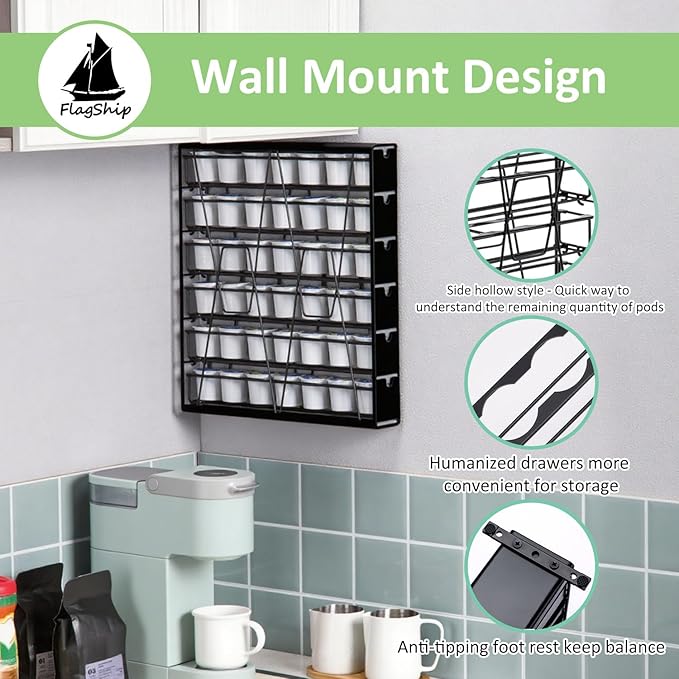 FlagShip 6-Tier Coffee Pod Holder for K Cup - 42 Capsule Max Capacity Metal Rack, Ultra-Efficient Corner Storage Space Saving Design