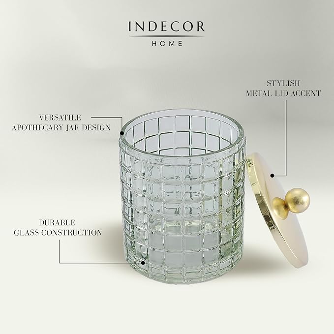 Glass Jar with Metal Lid for Bathroom Organization, Clear Apothecary Jar for Cotton Balls, Q Tips, and Small Accessories, Stylish Bathroom Storage Container Sage Green, Gold