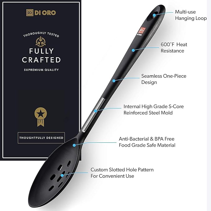 DI ORO Silicone Slotted Spoon - High Heat Silicone Spoon for Cooking & Serving - 600F Nonstick Safe - Dishwasher Safe (Black)