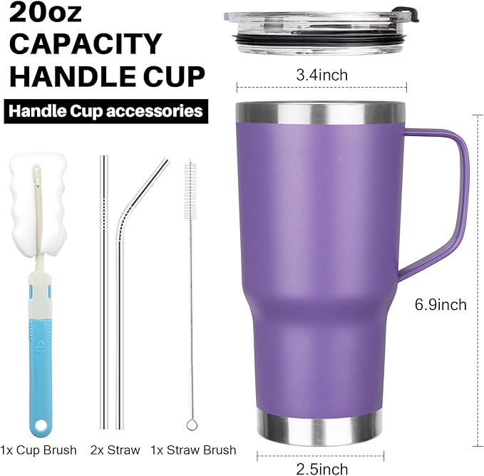 20 oz Tumbler with Handle, Stainless Steel Insulated Tumbler with Lid and Straw, Double Wall Vacuum Coffee Mug Tumbler, Insulated Coffee Thermal Cup for Cold and Hot (Purple)