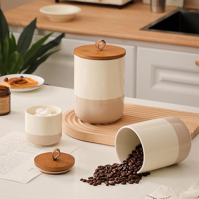Coffee Canister, Ceramic Food Storage Jars with Lids Salt Matcha Container Brown Sugar Container Bowl for Kitchen Tea, Coffee Beans, Spice (#001Khaki-Set of 3)