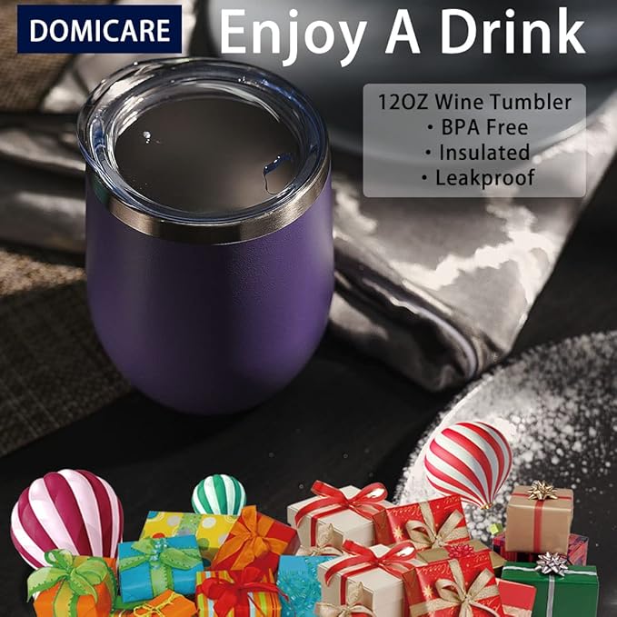 DOMICARE Stainless Steel Wine Tumbler Bulk with Lid, Personalized Insulated Tumblers Set, 12oz Travel Coffee Cups Pack of 1, Purple