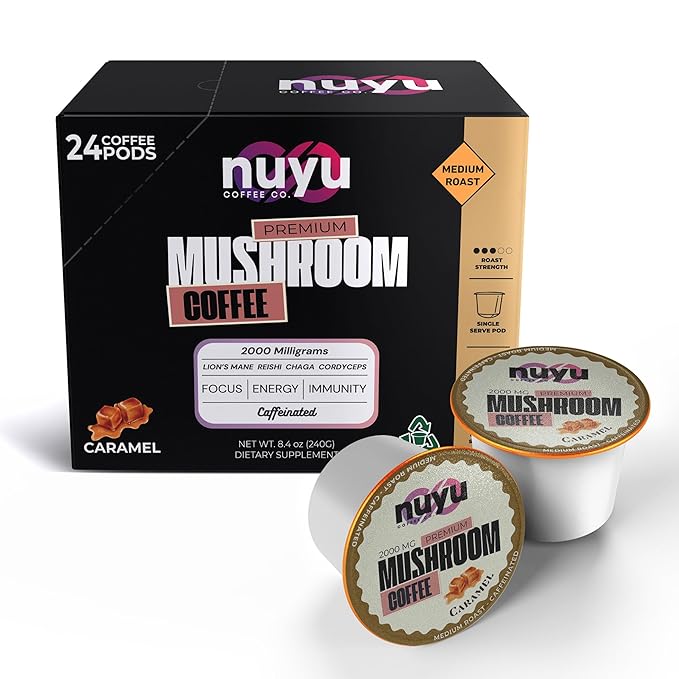 Nuyu Mushroom Coffee Pods, K-Cups, 100% Medium Roast Arabica Coffee with Lion's Mane, Reishi, Chaga, Cordyceps, 2000mg per Pod (24, Caramel)
