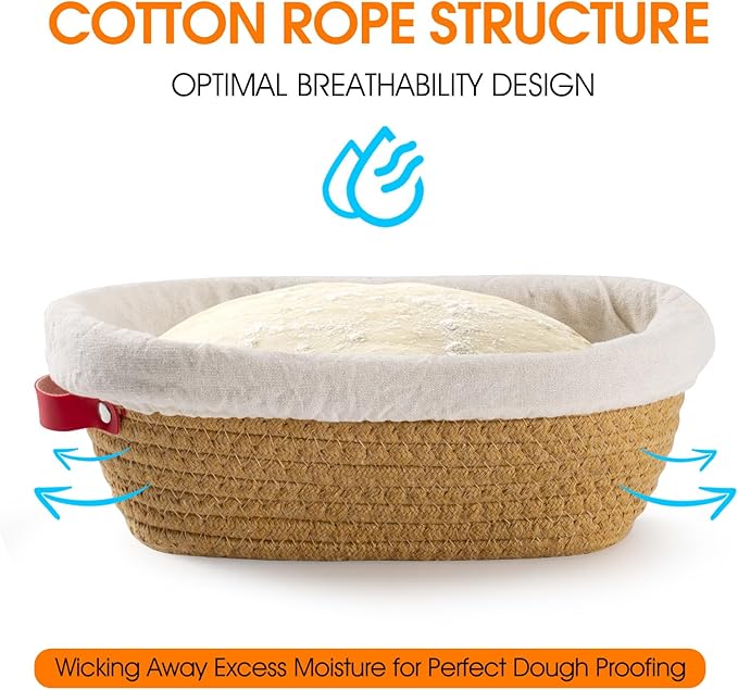 Sourdough Starter Kit, Handmade Cotton Rope oval and round banneton bread baskets with liners and covers, 35oz sourdough starter jar, essential bread baking tools
