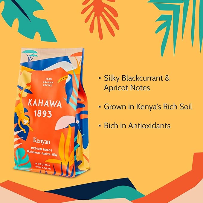 Kahawa 1893 Whole Bean Coffee Medium Roast Kenyan Blend 12 Oz - As Seen on Shark Tank, High Antioxidants, Naturally Sweet, Organically Grown, Ethically & Sustainably Sourced