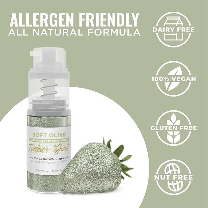 Bakell - Soft Olive Tinker Dust (4g, 1x Mini Spray Pump) Edible Glitter for Food, Desserts, and Beverages!