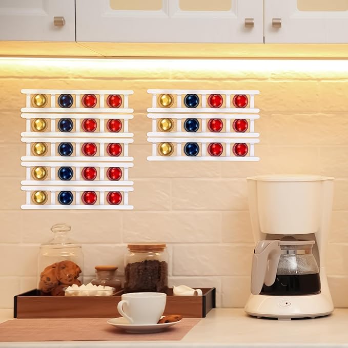 8 Pack Adhesive Coffee Pod Holder, 2 Different Size Holds 20 Capsules, Wall or Cabinet Mounted Coffee Capsule Rack with Adhesive Strips, Vertical or Horizontal Mount
