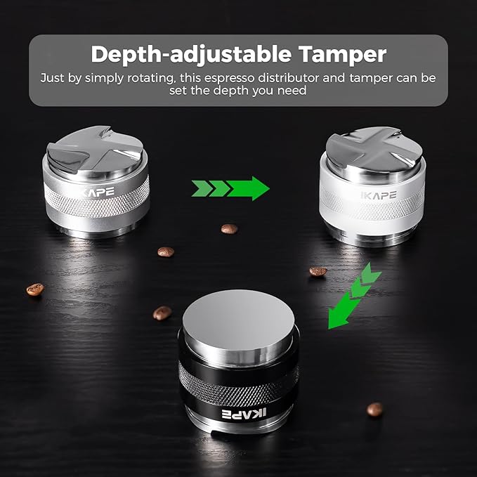 IKAPE Coffee Products, 53mm Coffee Distributor & Hand Tamper, Adjustable Depth Espresso Distributor Fits All 53mm Espresso Portafilter, Compatible with 54MM Breville Bottomless Portafilter (Silver)