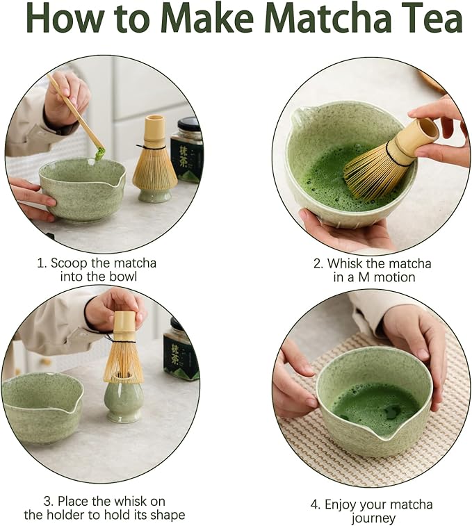 Matcha Set, Japanese Tea Set Includes Matcha Bowl with Spout, Matcha Whisk Holder, Bamboo Matcha Whisk and Bamboo Scoop, 17 oz Mottled Tea Green Glaze Ceramic Matcha Kit for Tea Lovers