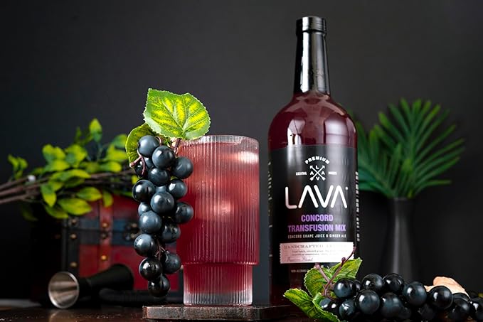 (3 Pack) LAVA Premium Concord Transfusion Mix made with concord grape juice, real ginger, ginger ale, no artificial sweeteners, 1-Liter (33.8oz) Glass Bottle, Ready to Use.