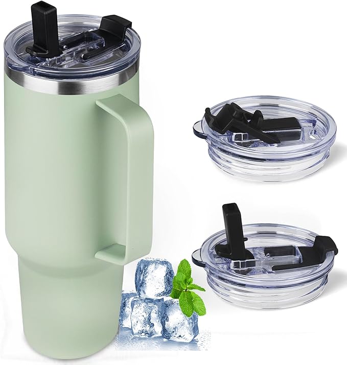 40 oz Tumbler with Handle and Flip Straw, 100% Leakproof Insulated Tumbler with Lid and Straw, Stainless Steel Travel Coffee Mug, Insulated Coffee Thermal Cup for Cold and Hot (Green Tea)
