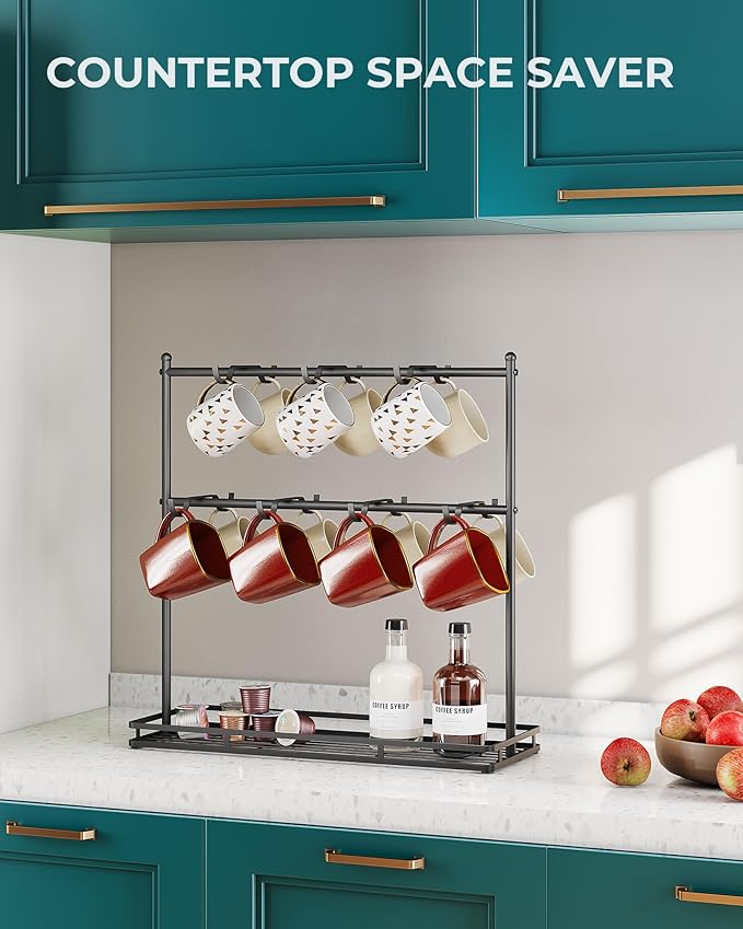 OROPY Coffee Mug Holder for Countertop, 14-Hook Mug Tree Rack for 14 Cups, 2 Tier Mug Display Stand with Heavy Duty Metal Base