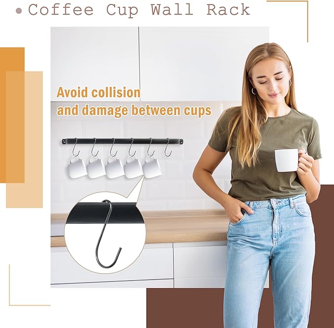 AJART Coffee Mug Rack Wall-Mounted: 12-Hook Cup Holder - Ideal for Coffee Bars & Apartment Kitchens - Space-Saving Solution - 1 Pack