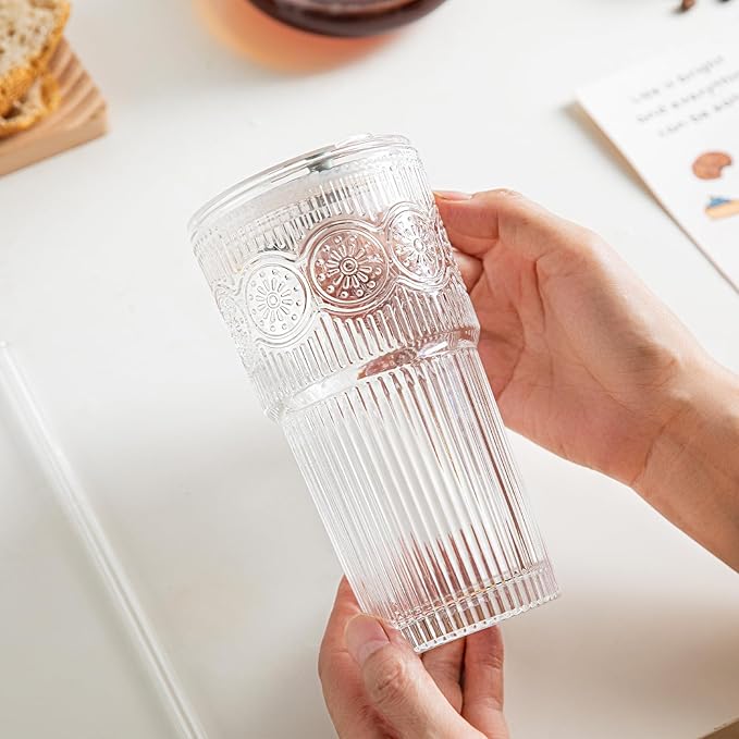 INSETLAN 20oz Ribbed & Floral Glass Tumblers with Lids and Glass Straws, Set of 4 – Iced Coffee Cups, Reusable Drinking Glasses for Water, Smoothies, Tea, and Juice – Perfect for Travel & Daily Use
