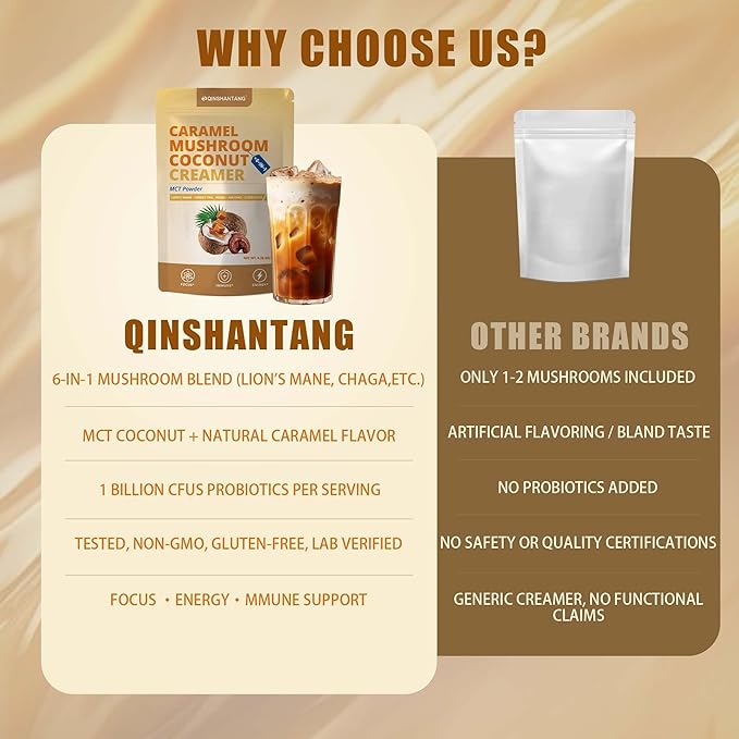 Mushroom Coffee Creamer, Caramel Creamer, Probiotics, MCT Powder and 6 Mushrooms | Lion's Mane, Turkey Tail, Reishi, Maitake, Chaga, Cordyceps | Boosts Energy, Focus, Supports Immunity | Gluten-Free, Vegan, 6.35 Oz
