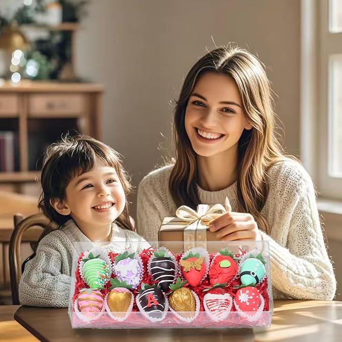 RomanticBaking 20Pcs 12x5x2Inches Clear Easter Cookies Boxes Chocolate Covered Strawberries Boxes for 12 Plastic Truffle Box Bakery Cakesickle Gift Box for Christmas Valentine's