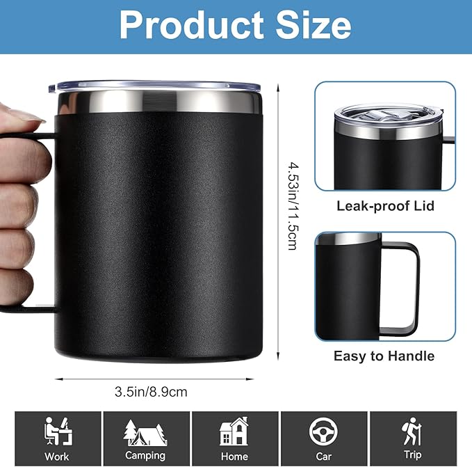 12 oz Insulated Coffee Mug Bulk with Handle, Stainless Steel Travel Coffee Mug with Lid, Double Wall Vacuum Metal Coffee Cup, Coffee Tumbler Powder Coated, Black 4 Pack