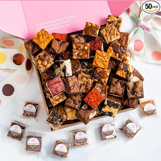 Brownie Points Baby Brownies, 50-Individually Wrapped, Fine and Fresh Ingredients, Gift Box and Gifts Baskets for all Occasions, Fudge Chocolate Brownies, Baked from Scratch, Gourmet Sweet Desserts