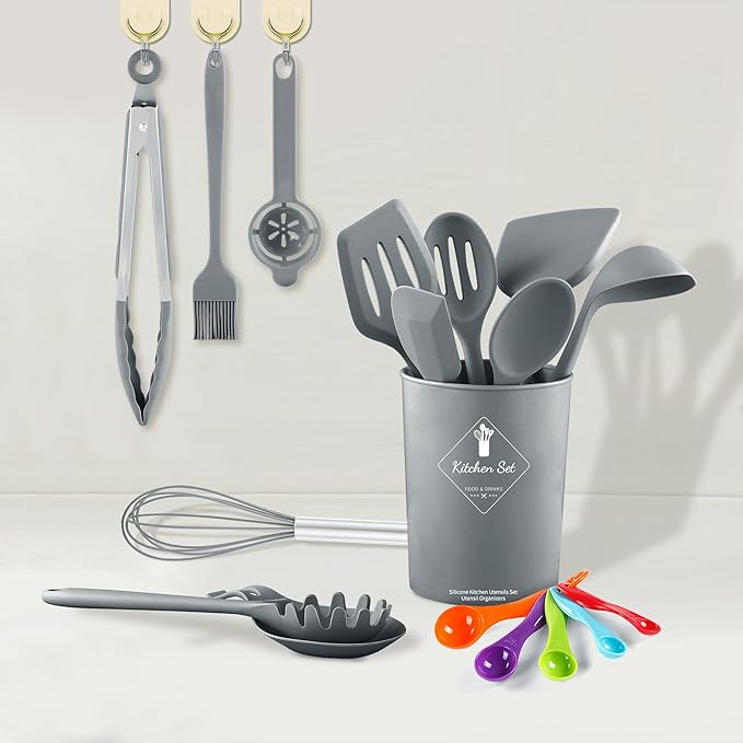 18 Pcs Cooking Utensils Set, Kitchen Utensils Set with Utensil Holder, 446°F Heat Resistant Silicone Spatula Set, Kitchen Gadgets Tools Set for Nonstick Cookware BPA FREE
