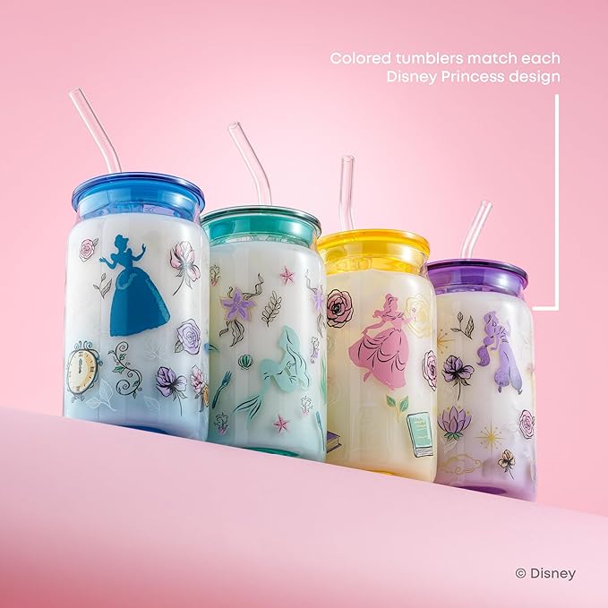 JoyJolt Disney Princess Icon Glass Tumblers with Lids and Straws, 16oz Glass Cups with Lids and Straws ft Princess Jasmine Ariel Cinderella Belle, 4pc Can Shaped Drinking Glasses, Iced Coffee Cups