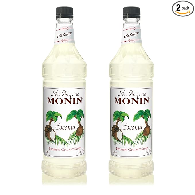 Monin - Coconut Syrup, Creamy Tropical Flavored Syrup, Coffee Syrup, Natural Flavor Drink Mix, Simple Syrup for Coffee, Lemonade, Cocktails, & More, Gluten-Free, Non-GMO, Clean Label (1 Liter, 2-Pack)