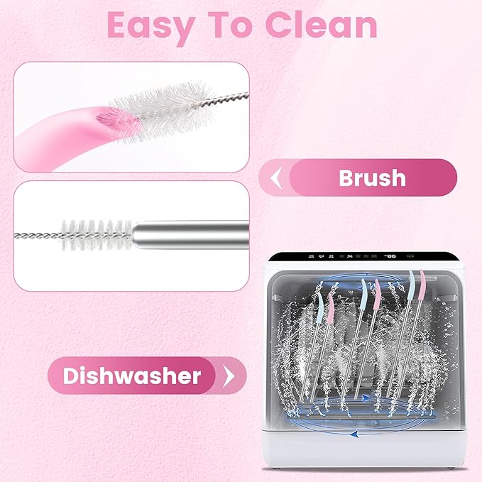 OUTXE Anti Wrinkle Straw 6 Pcs, Flat Wide Drinking Straw for Stanley& Yeti& Owala, Reusable Wrinkle Free Long Stainless Steel Metal Straw for Lip with Cleaning Brush and Carrying Bag