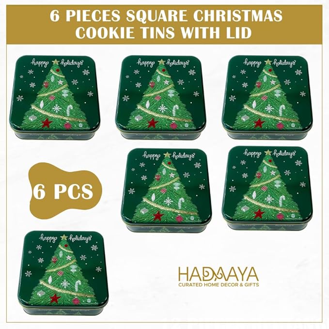 Metal Christmas Cookie Tins with Lids, 6 Pack Green Square Holiday Storage Containers, Durable & Stylish Storage Solution For Gift Giving, Cake, Candy & More