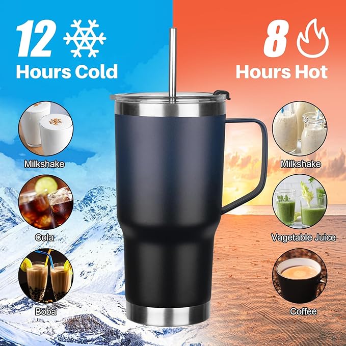20 oz Tumbler with Handle, Stainless Steel Insulated Tumbler with Lid and Straw, Double Wall Vacuum Coffee Mug Cup, Insulated Coffee Thermal Cup for Cold and Hot (Blue Black)