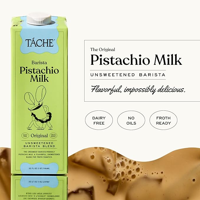 Táche Unsweetened Barista Pistachio Milk, Plant-Based Pistachio Creamer for Coffee and Lattes, Frothy, Vegan Pistachio Cream with No Added Oil, Dairy-Free Milk Alternative, (32oz, 6-Pack)