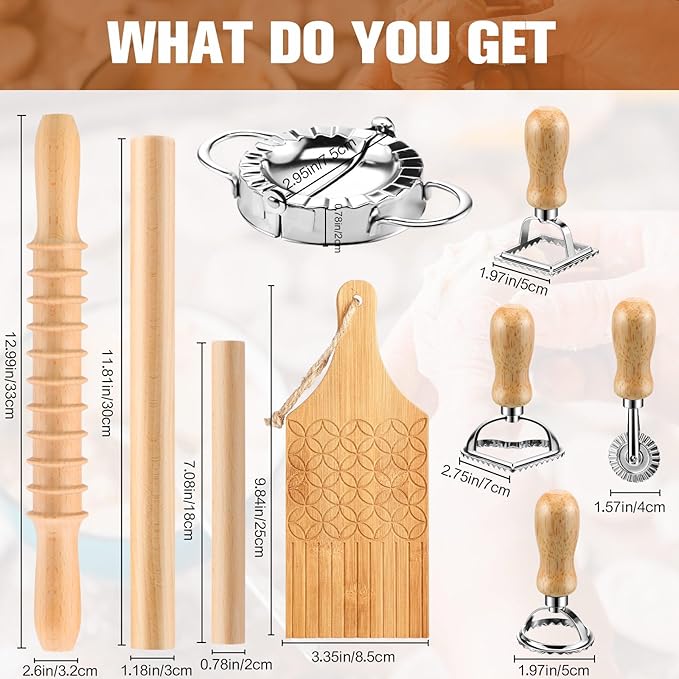 9 Pcs Gnocchi Pasta Making Tools kit - Gnocchi Board, Pasta Cutter, Ravioli Stamp, Wood Threaded Pasta Roller Pin Set, Noodle and Dumplings Maker, Homemade Kitchen Gift for Pasta Lovers