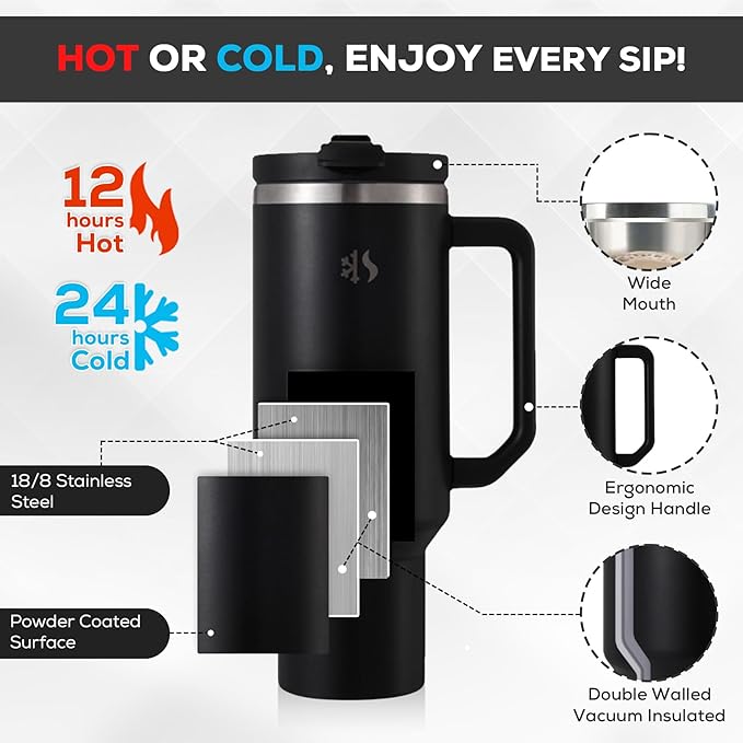 40 oz Tumbler with Handle and Straw, Dual feature Lid, Vacuum Insulated for Hot & Cold, Stainless Steel, includes Silicone Boot & Cleaning Brush