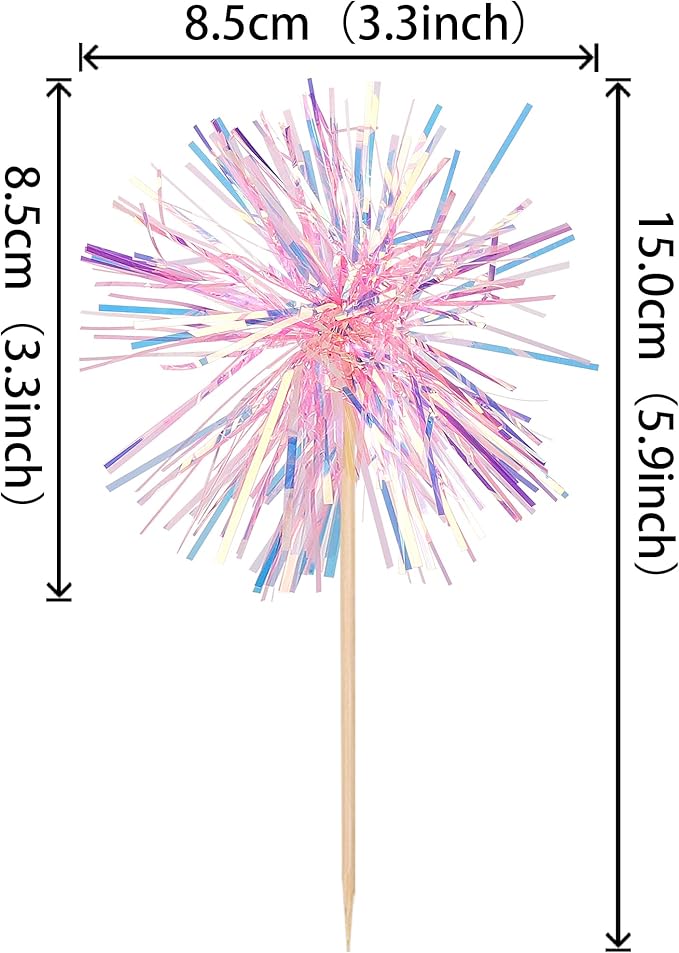 30 PCS Foil Firework Cupcake Toppers Happy Birthday Cupcake Toppers Sparkle Tinsel Flower Drink Stirrers Cocktail Fruit Toothpicks for Valentine's Day Baby Shower Party Cake Decor Supplies Pink